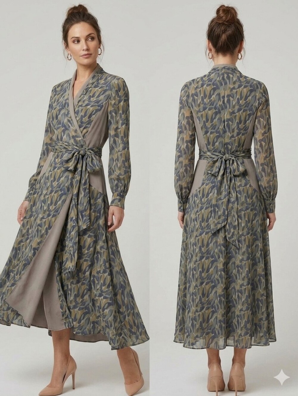 Asymmetrical Women’s Dress in Light Gray with Leaf Print Accents